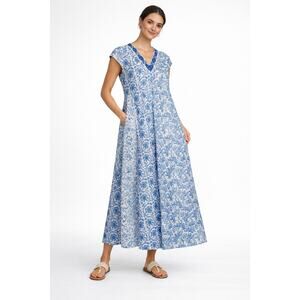 Bella Tu Blue White Block Print Maxi Dress Medium Beaded V-Neck Pockets Caftan